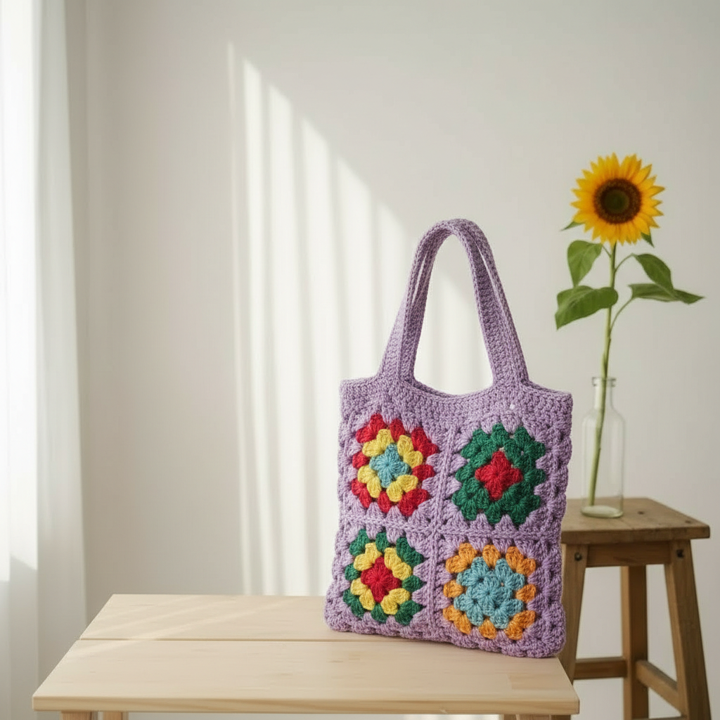 vintage granny square tote bag
