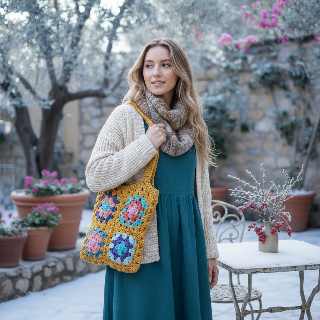 vintage granny square tote bag