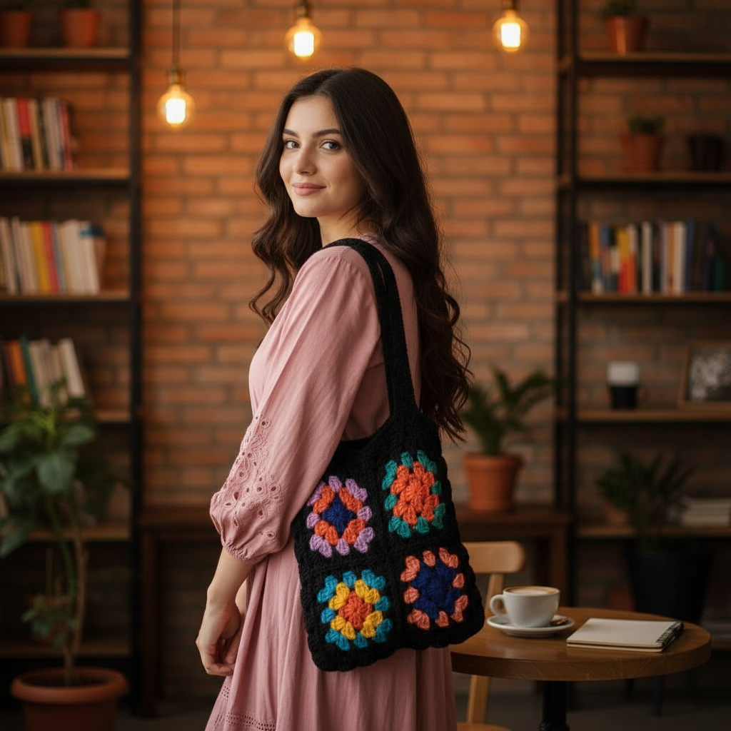 vintage granny square tote bag